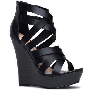 ShoeDazzle Harlie Wedge Womens Black Strappy Heels - Size 9